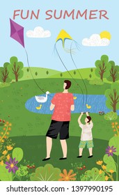 Fun summer card decorated by dad and son with kites, people standing on grass near lake with birds, back view of family characters playing outdoor vector