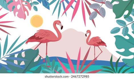 
Fun summer concept design. design with a creative background of landscape, flamengo birds, sea and beach panoramas. post template for summer Sale.