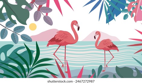 
Fun summer concept design. design with a creative background of landscape, flamengo birds, sea and beach panoramas. post template for summer Sale.