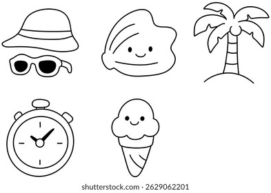 A fun summer day at beach includes sun hat sunglasses shell palm tree stopwatch and ice cream