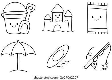 A fun summer day at beach includes bucket, shovel, sandcastle, towel, umbrella, and frisbee