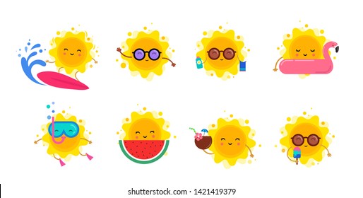 Fun summer elements, sun characters, icons with ice cream, watermelon, surfboard and swimming pool float