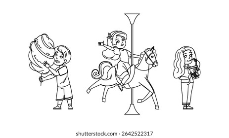divertido verão justo garoto vetor. riso sol, prêmios artesanato, balões facepaint divertido verão justo garoto personagem. pessoas linha preta lápis desenho ilustração