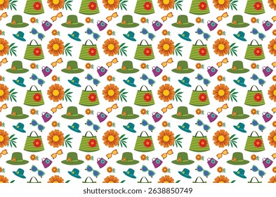 Fun Summer Fashion Pattern with Hats, Sunglasses, and Flowers