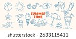 Fun Summer Hand Drawn Doodle Collection Featuring Beach Essentials, Ice Cream, Cocktails, Palm Trees, Sun Symbols, and Coastal Vacation Vibes

