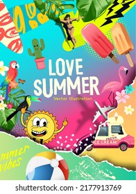 Fun summer holiday background mash up layout. vector illustration