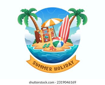 Una divertida ilustración vectorial de las vacaciones de verano con una isla tropical, maleta de viajes, paraguas de playa, bola, sandalias, tabla de surf, palmeras y pez estrella. Perfecto para las vacaciones de verano.