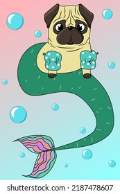 Fun summer illustration with mermaid-pug