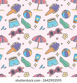 Fun Summer Pattern with Beach Umbrella, Ice Cream, and Sunglasses