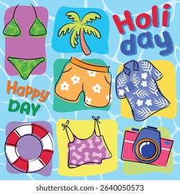 Fun summer pattern with beachwear, coconut trees, and a camera. Bright colors and summer vibes. Swimsuits and float rings create a fun, sunny holiday theme
