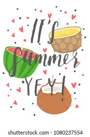 Fun summer poster. Bright card with various coctails. Vector collaction