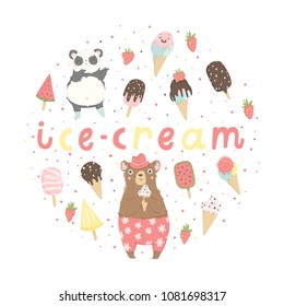 Fun summer poster. Cards with cute animals, fruits, icecream, lemon, pineapple and much more. Vector collaction