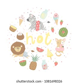 Fun summer poster. Cards with cute animals, fruits, icecream, lemon, pineapple and much more. Vector collaction