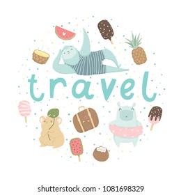 Fun summer poster. Cards with cute animals, fruits, icecream, lemon, pineapple and much more. Vector collaction