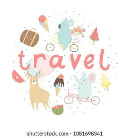 Fun summer poster. Cards with cute animals, fruits, icecream, lemon, pineapple and much more. Vector collaction