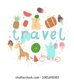 Fun summer poster. Cards with cute animals, fruits, icecream, lemon, pineapple and much more. Vector collaction