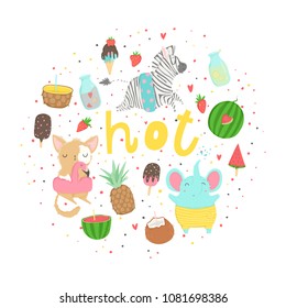 Fun summer poster. Cards with cute animals, fruits, icecream, lemon, pineapple and much more. Vector collaction