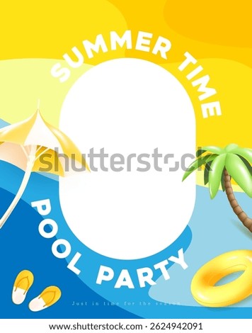 Fun summer poster with palm tree, umbrella, float, and sandals on yellow and blue background. Ideal for pool party invitations, event ads, and seasonal promotions.