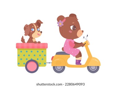 Fun summer ride of cute animals vector illustration. Cartoon isolated girl bear in pink dress riding motor scooter, carrying friend dog in cart, animals characters travel on vehicles together