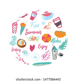 Fun summer round banner. Juicy colors. Summer composition with an summer vacation icons