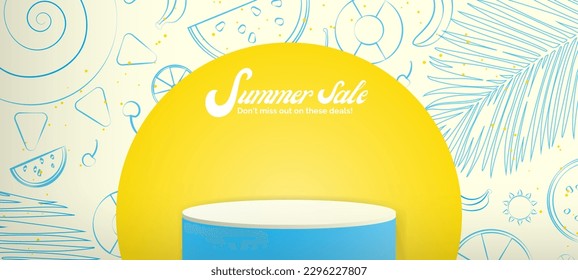 Fun Summer Sale Studio Interior background with blue cylindrical platform. Yellow round frame and hand drawn tropical elements on cream background. Vector Illustration. EPS 10.