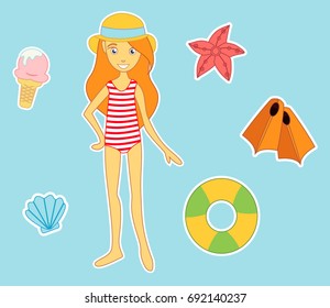 Fun summer stickers set, cute colorful cartoon vector patches with little girl character. Baby badges. 