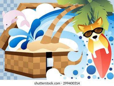 Fun Summer Story - cute little friend balancing on a red surfboard in tropical paradise on relaxing vacation on background of bright blue sea with water splash and bubble pattern : illustration