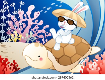 Fun Summer Story - young rabbit ride on cute little turtle's back and drink icy grape juice in tropical undersea on relaxing vacation on background of blue sea with shoal of fish : illustration