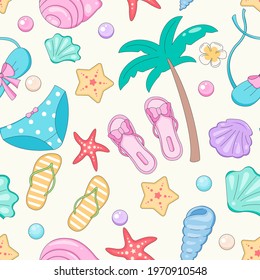Fun Summer Stuff Seamless Pattern. Beach party repeat background for design paper, fabric or web ad. Vacation background with underwear, palm, pearls, flip flops, starfish, swimsuit. Summer Vector.