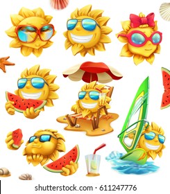 Fun summer sun, vector characters. 3d icon set