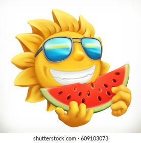 Fun summer sun with watermelon. 3d vector icon