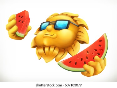 Fun summer sun with watermelon. 3d vector icon