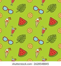 Fun summer themed seamless pattern with watermelon, ice cream, drinks, and tropical leaves on green. Perfect for seasonal designs. Vector art.