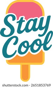 Projeto vetorial divertido de verão com tipografia Stay Cool com um gráfico de sorvete. Perfeito para impressões de camisetas, mercadorias sazonais, cartões de felicitações e projetos de marca divertidos.