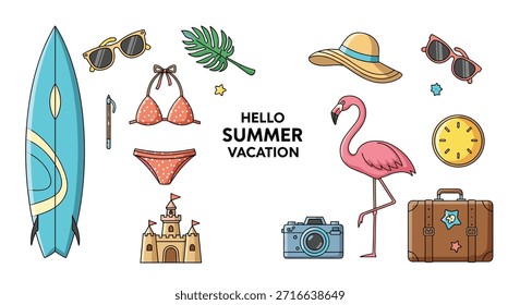 El divertido conjunto de vacaciones de verano incluye una cámara de bikini de surf, gafas de sol de maleta de flamenco y el texto "Hola vacaciones de verano" en blanco.