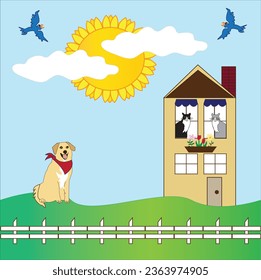 A fun summer vector illustration, "Home Sweet Home" house on a hill with fence, two cats looking out the windows, a cute dog, bright sun peaking through the clouds , two blue birds flying in the sky.