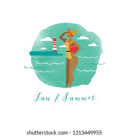 Fun and Summer. Watercolor and vector illustration of woman at the beach
