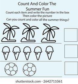 Fun summer-themed counting worksheet for kids. Children can count, color, and enjoy learning with cute summer objects.