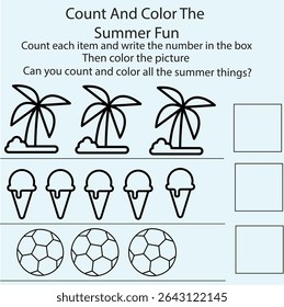 Fun summer-themed counting worksheet for kids. Children can count, color, and enjoy learning with cute summer objects.