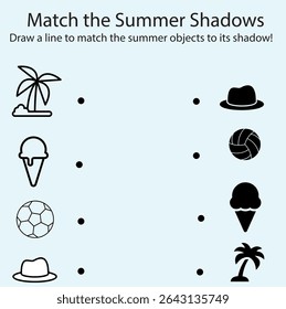 "Fun summer-themed worksheet for kids to match objects with their shadows. Includes ice cream, sunglasses, hat, and palm tree illustrations."