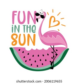 Fun in the sun - cute flamingo and watermelon. Good for T shirt print poster, card, travel set and other gifts design.