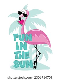 Fun in the sun - flamingo on the island and with watermelon slice. Funny Summer decoration.