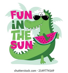 Fun in the sun - funny alligator with watermelon on island. Good for T shirt print, poster, card, label, and travel set.