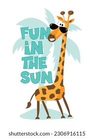 Fun in the sun - funny giraffe in island. Happy Summer decoration. good for baby clothes, poster, card, label, cover and other.