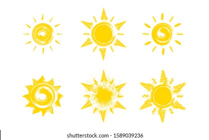 Fun sun hand-drawn. Set of vector grunge sun icons. Set of six hand drawn sun symbols