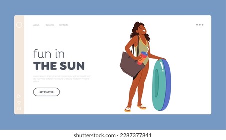 Fun in the Sun Landing Page Template. Young Female Child Stands With Round Floaty In Hand. Teen Black Girl Wearing A Bathing Suit with Inflatable Ring, Soda and Beach Bag. Cartoon Vector Illustration