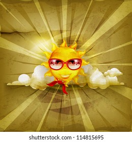 Fun sun, old-style vector background