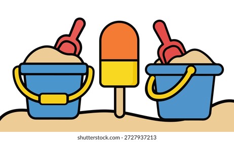A fun and sunny vector illustration set depicting essential summer beach activities. The design features a blue plastic sand bucket with shovels, ready for building sandcastles, alongside a delicious yellow popsicle ice cream on a stick. This flat line-art style is perfect for summer vacation brochures, travel agency flyers, children's toy packaging, and holiday greeting cards.