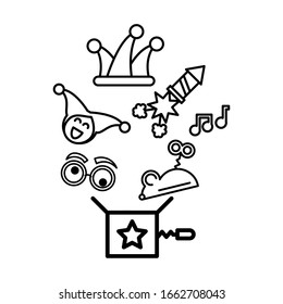 fun surprise box with icons fools day vector illustration design