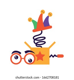 fun surprise box with icons fools day vector illustration design